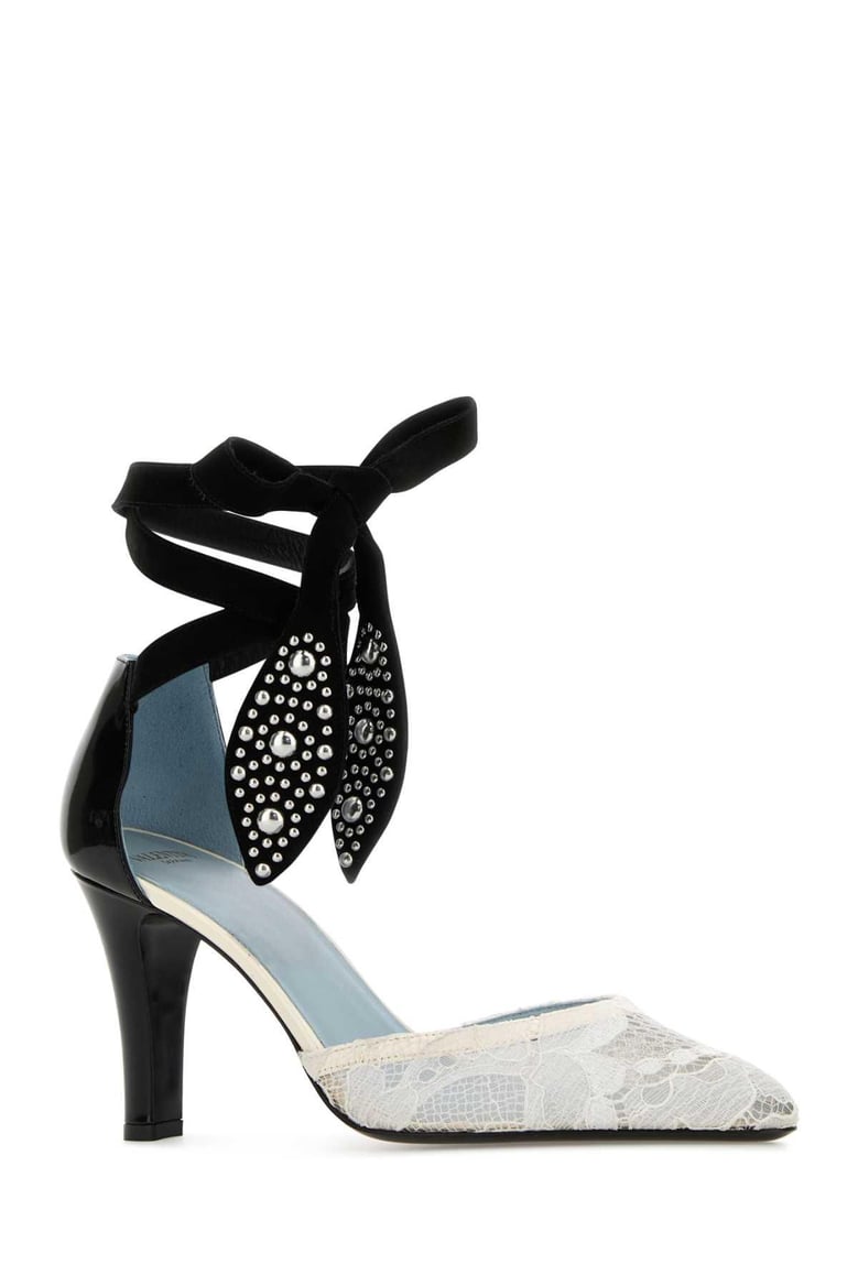 two-tone lace and leather foliefoliage pumps by Selfnex