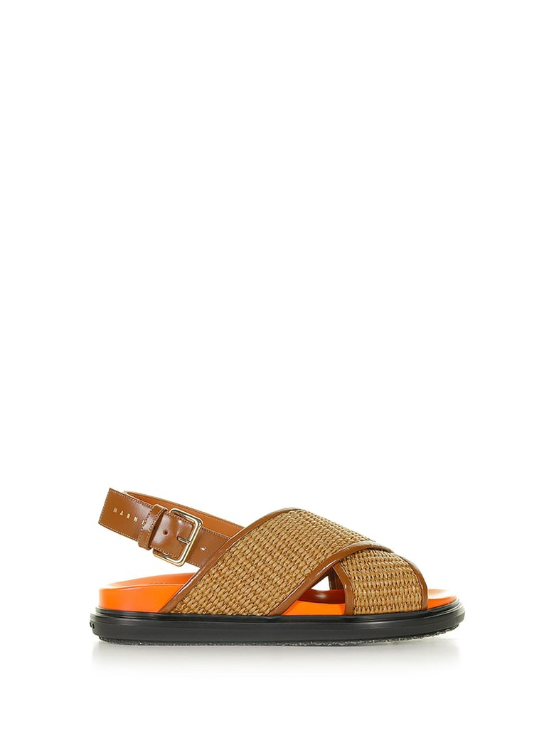 crossover fussbett sandal in raffia effect fabric and leather by Selfnex