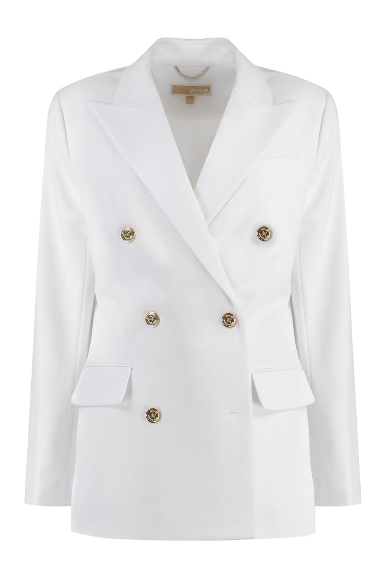 white double-breasted crepe blazer by Selfnex