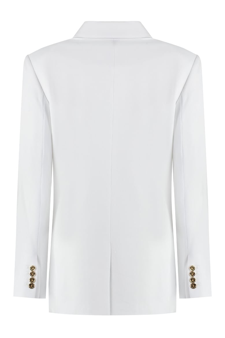 white double-breasted crepe blazer by Selfnex
