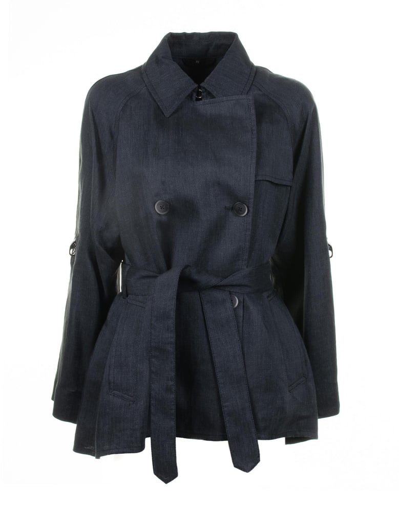 navy blue double-breasted trench jacket with belt by Selfnex
