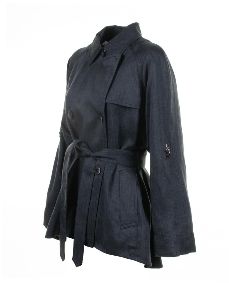 navy blue double-breasted trench jacket with belt by Selfnex