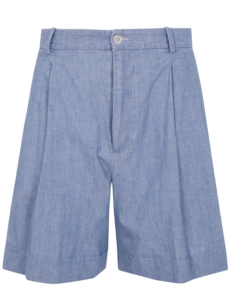 pleated cotton chambray shorts by Selfnex
