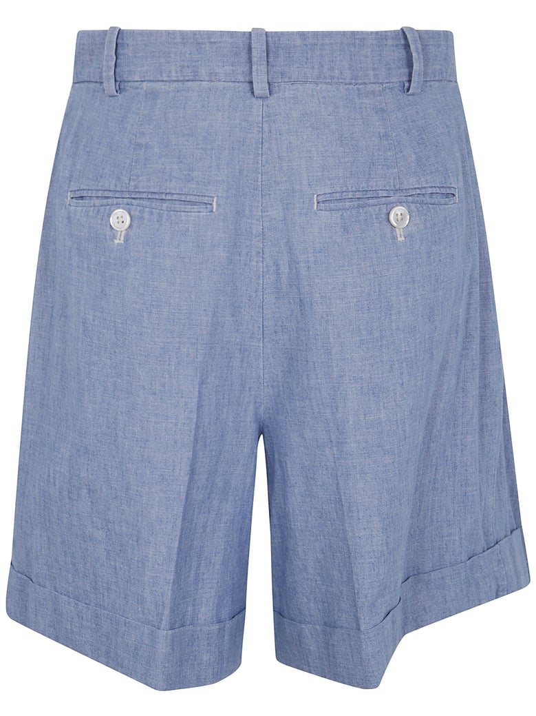 pleated cotton chambray shorts by Selfnex