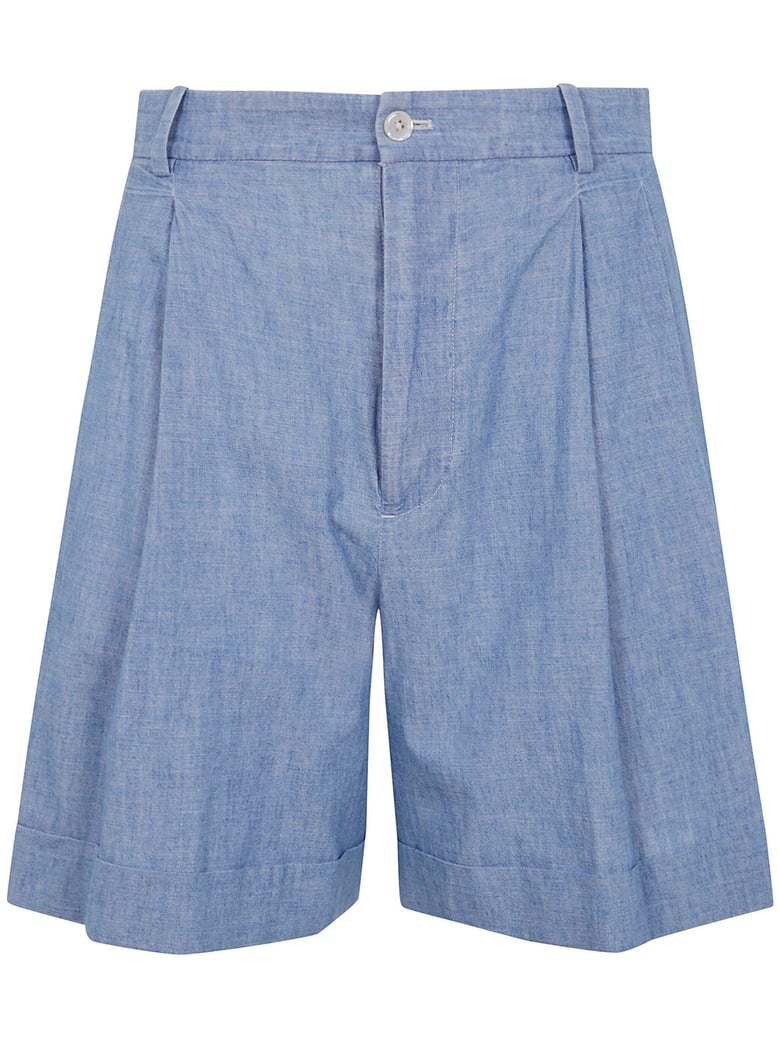 pleated cotton chambray shorts by Selfnex