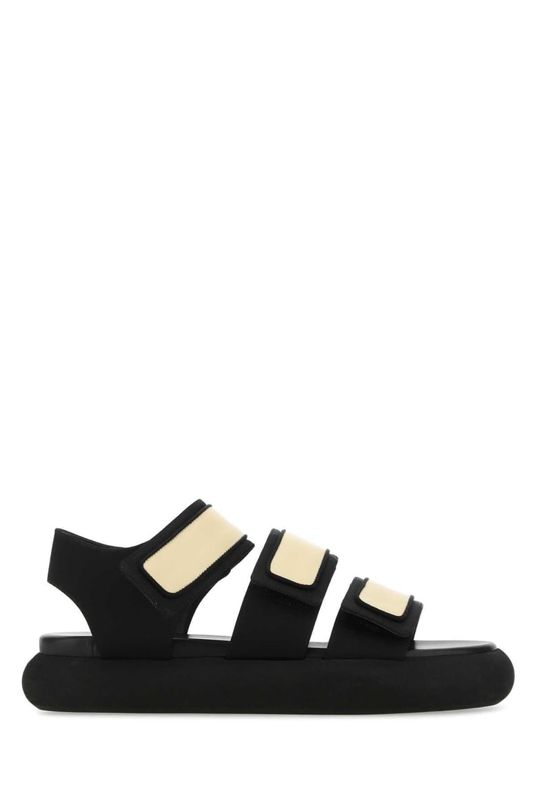 two-tone fabric and leather octans sandals by Selfnex