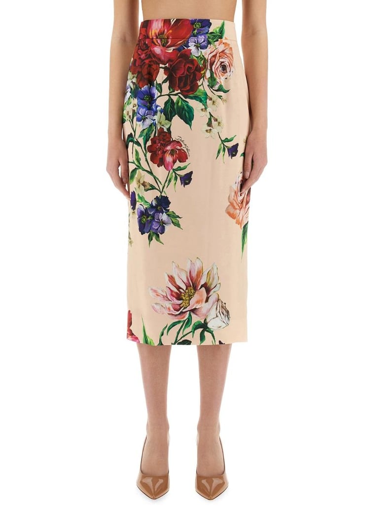 flower print satin midi pencil skirt by Selfnex