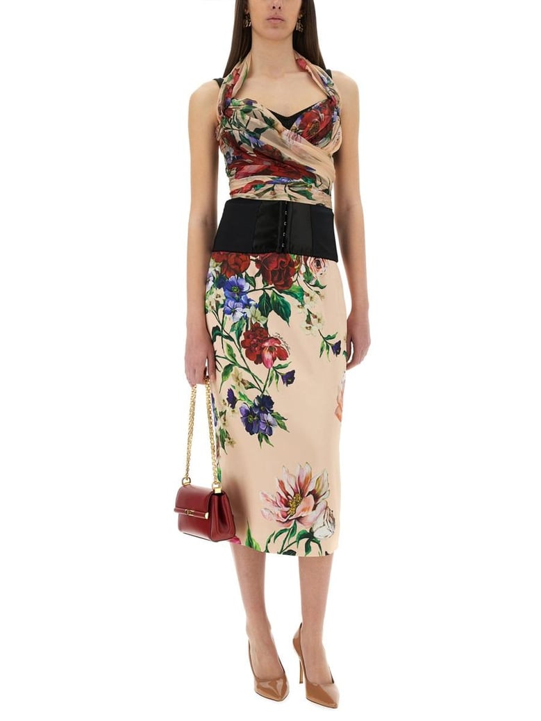 flower print satin midi pencil skirt by Selfnex