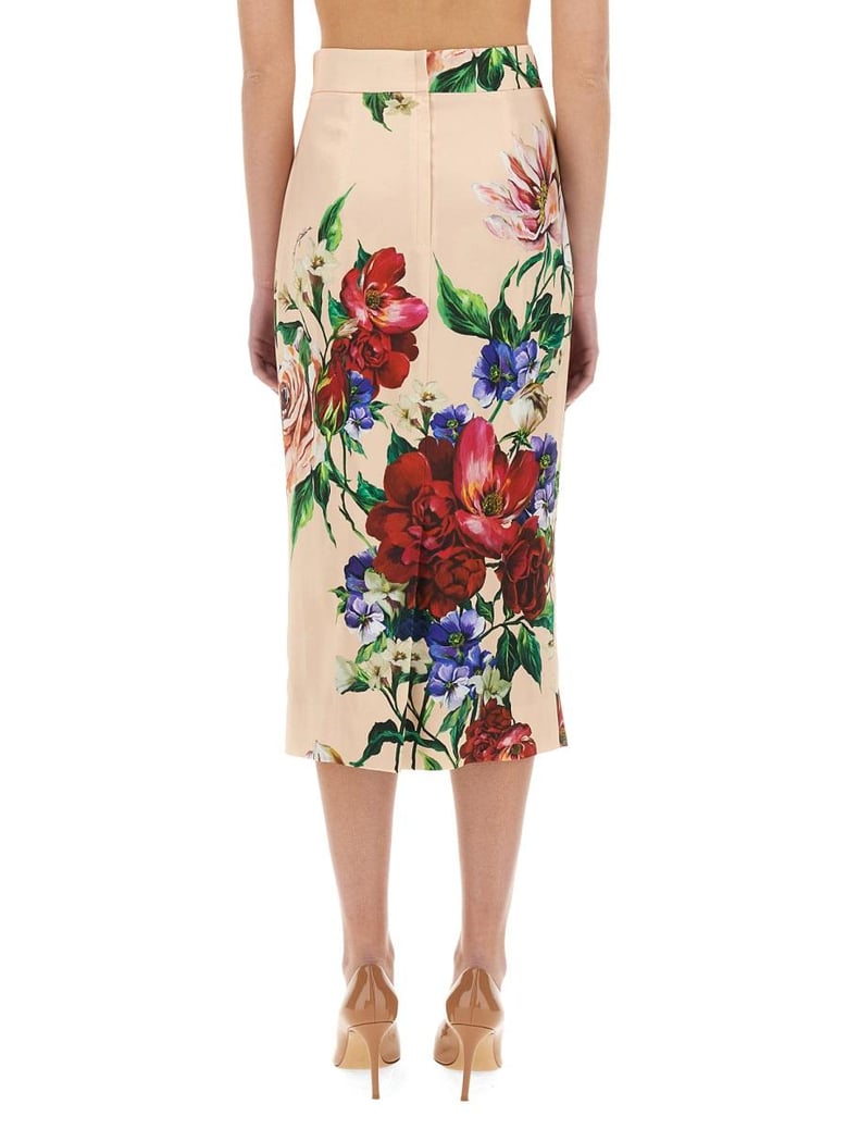 flower print satin midi pencil skirt by Selfnex