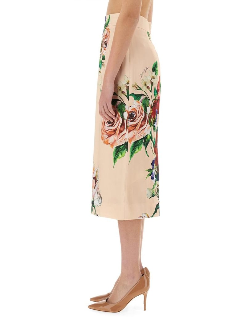 flower print satin midi pencil skirt by Selfnex