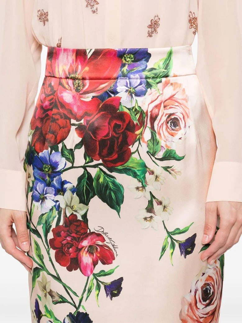 flower print satin midi pencil skirt by Selfnex