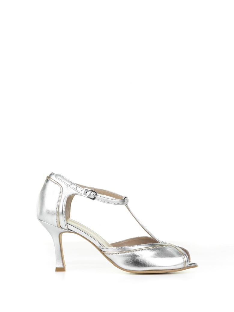 décolleté in silver laminated leather with strap by Selfnex