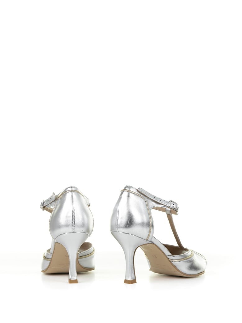 décolleté in silver laminated leather with strap by Selfnex