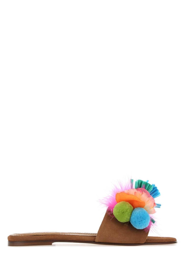 embellished suede tutti frutti slippers by Selfnex