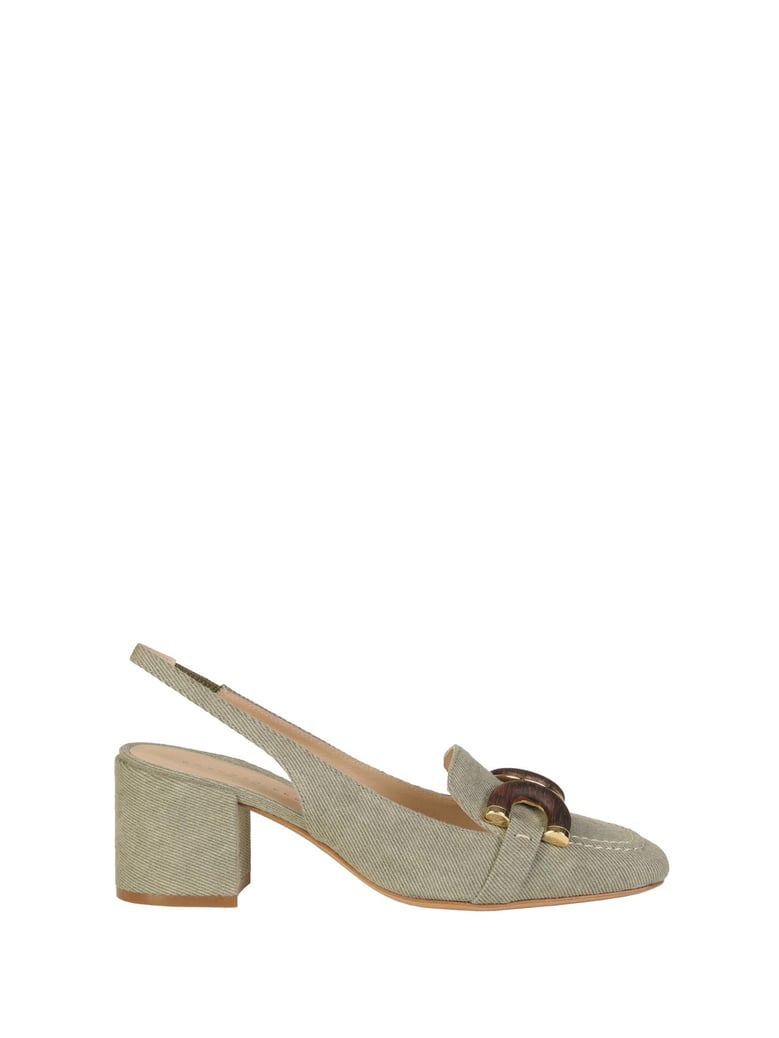 chanel slingback in khaki jeans with wooden accessory by Selfnex