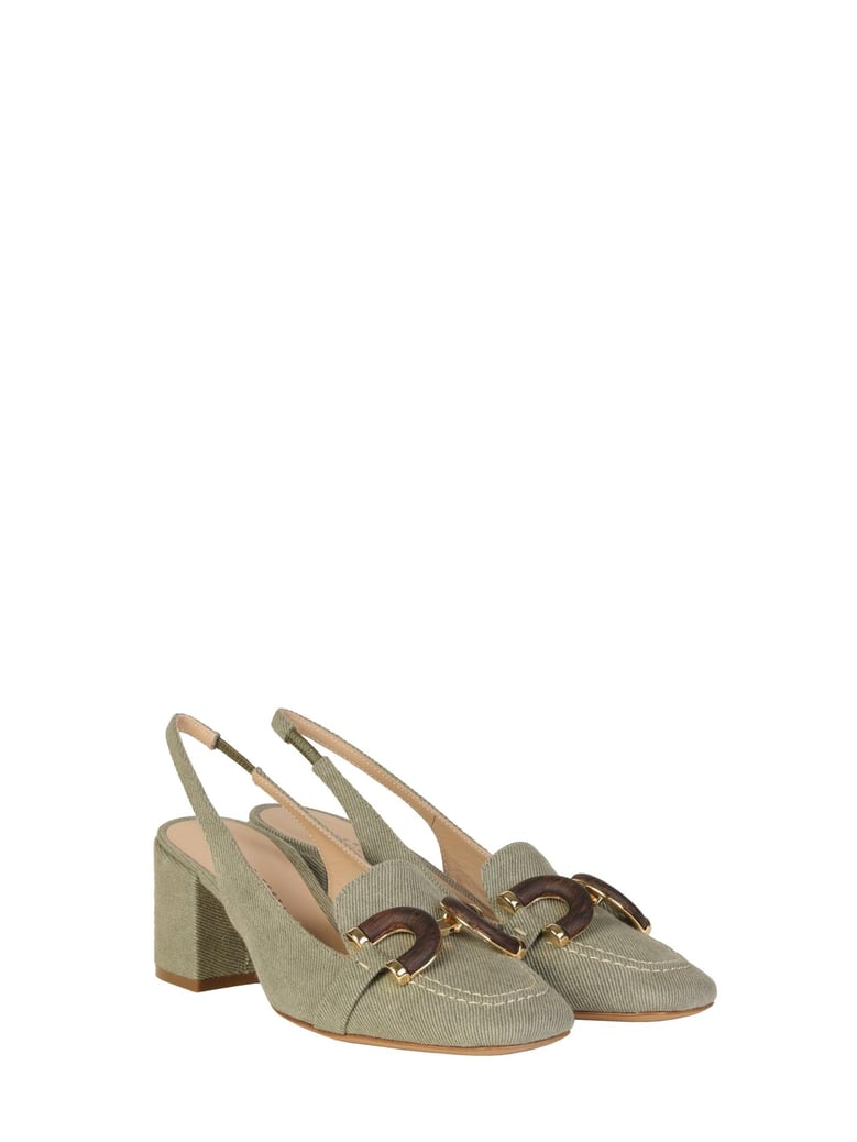chanel slingback in khaki jeans with wooden accessory by Selfnex