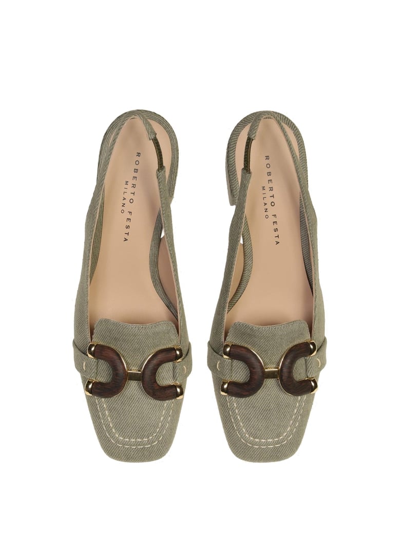 chanel slingback in khaki jeans with wooden accessory by Selfnex