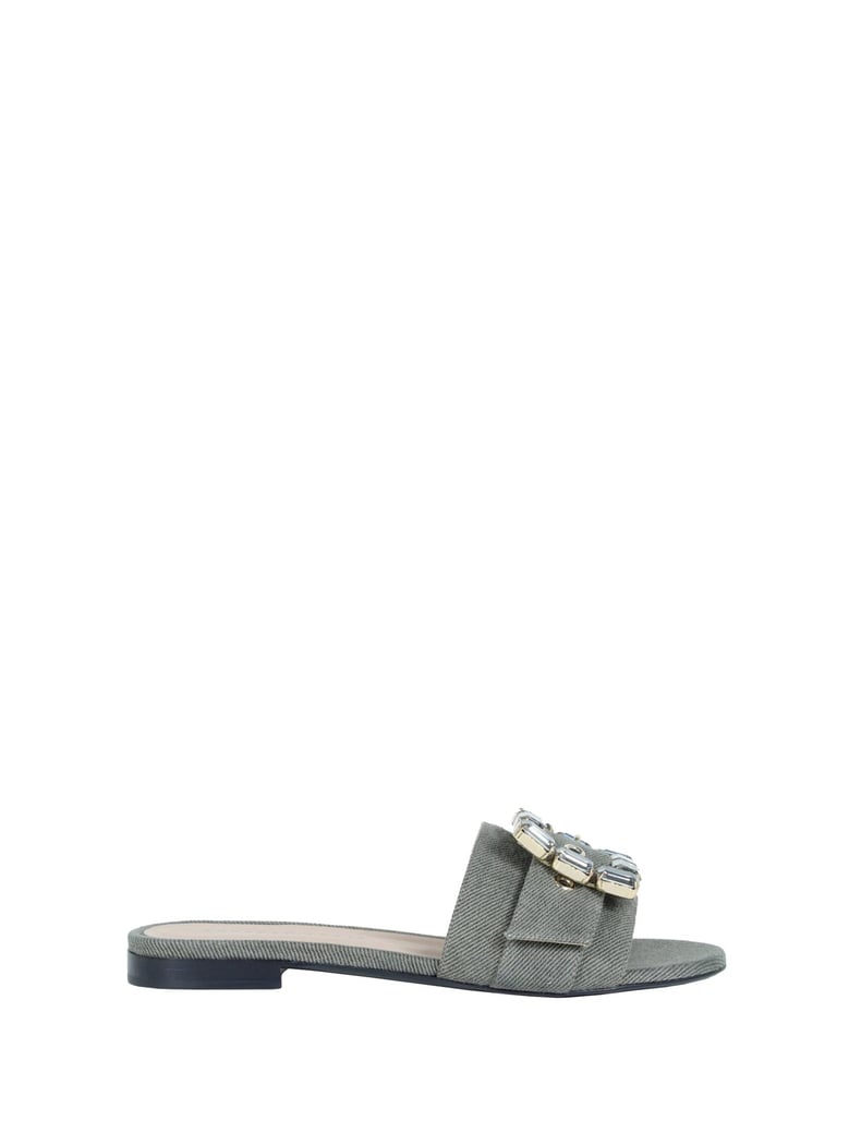 flat slipper in khaki jeans with rhinestone accessory by Selfnex