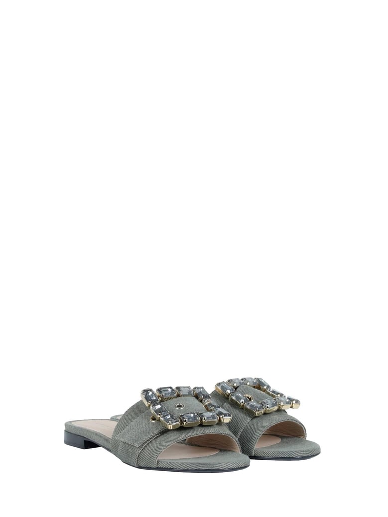 flat slipper in khaki jeans with rhinestone accessory by Selfnex