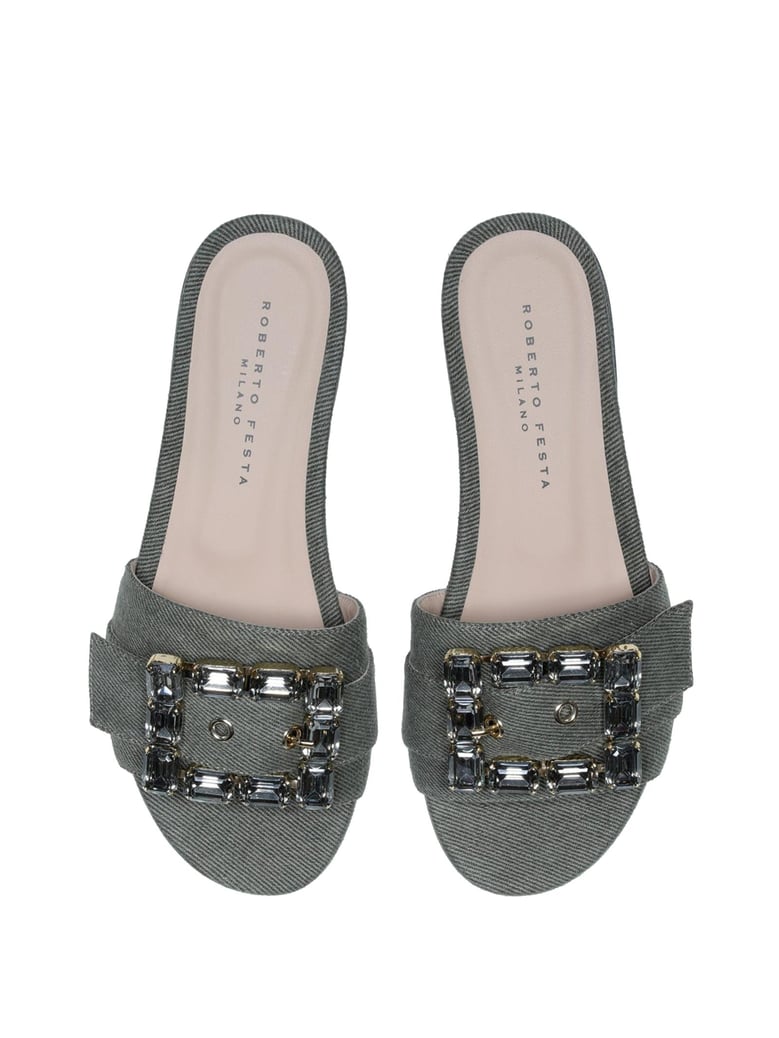 flat slipper in khaki jeans with rhinestone accessory by Selfnex