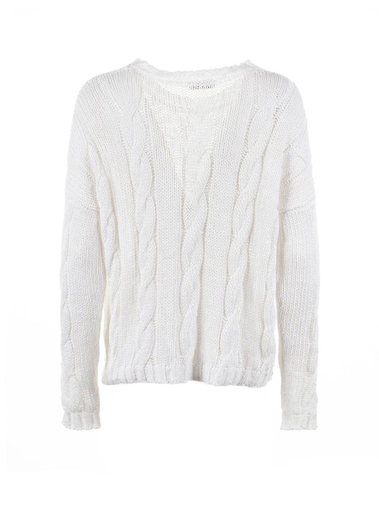 white crew-neck sweater with braid motif by Selfnex