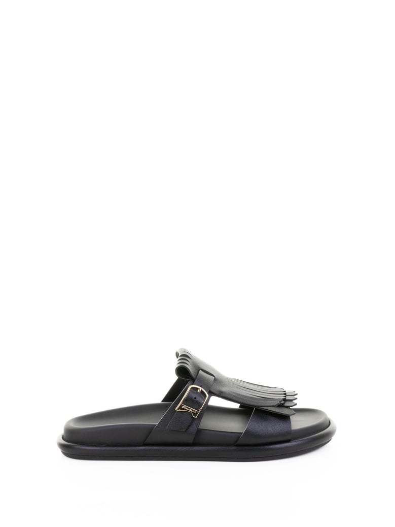 black leather slipper with fringe by Selfnex