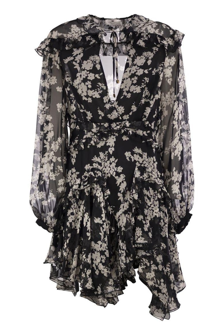 printed silk voile dress with ruffles by Selfnex