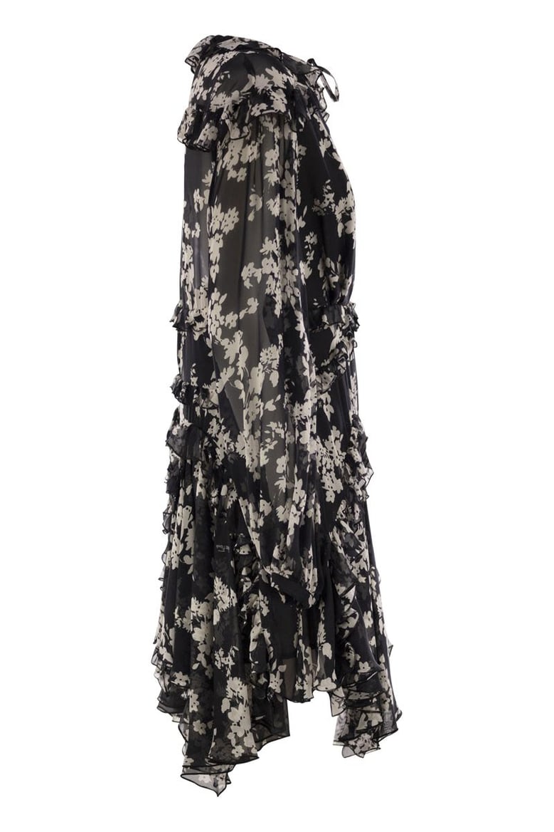 printed silk voile dress with ruffles by Selfnex
