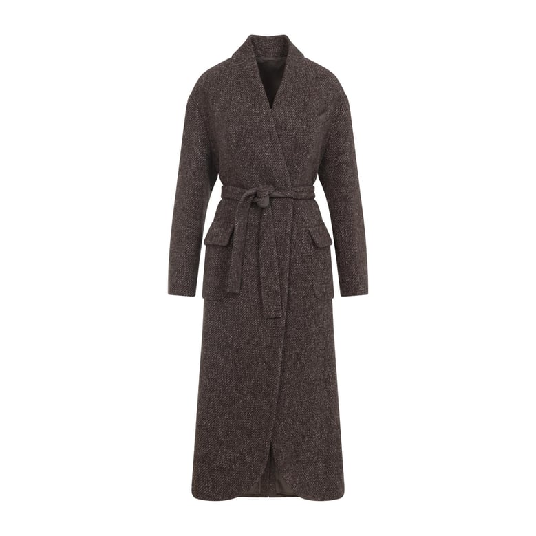 wool and cashmere diagonal mélange coat with belt and necklace by Selfnex