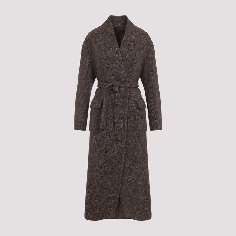 wool and cashmere diagonal mélange coat with belt and necklace by Selfnex