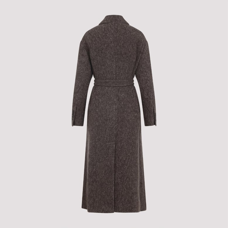 wool and cashmere diagonal mélange coat with belt and necklace by Selfnex