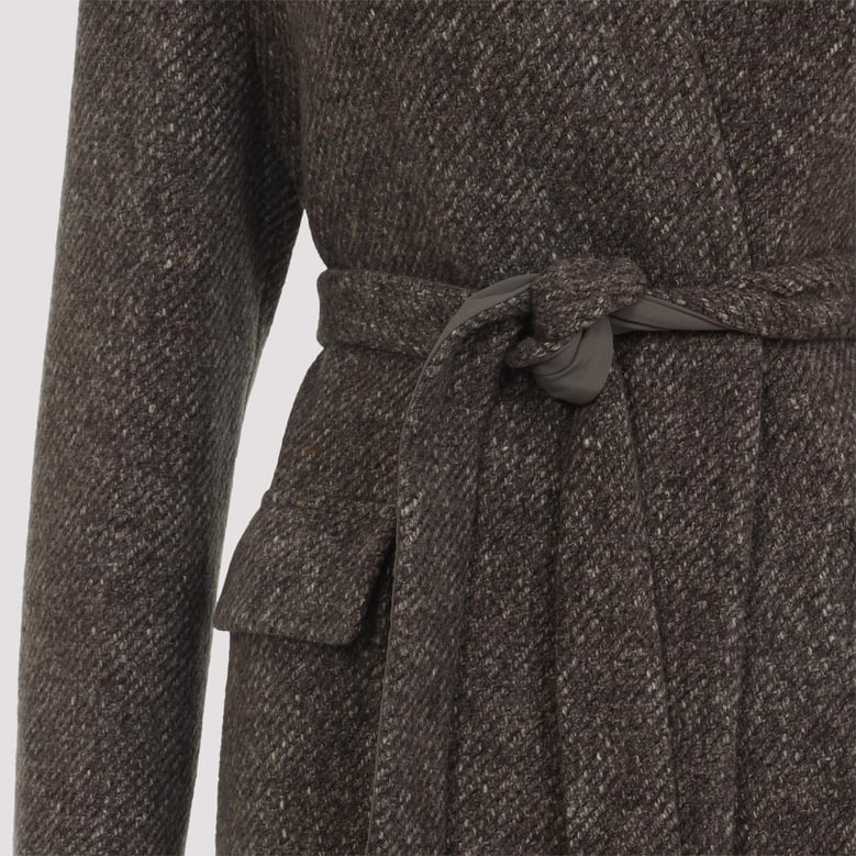 wool and cashmere diagonal mélange coat with belt and necklace by Selfnex