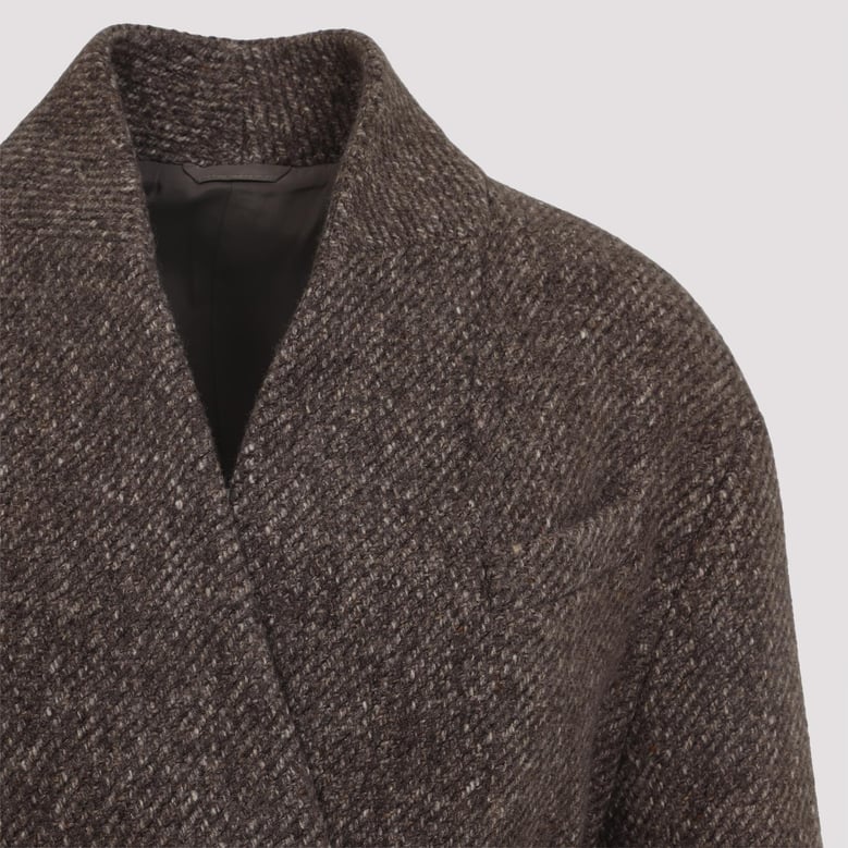 wool and cashmere diagonal mélange coat with belt and necklace by Selfnex