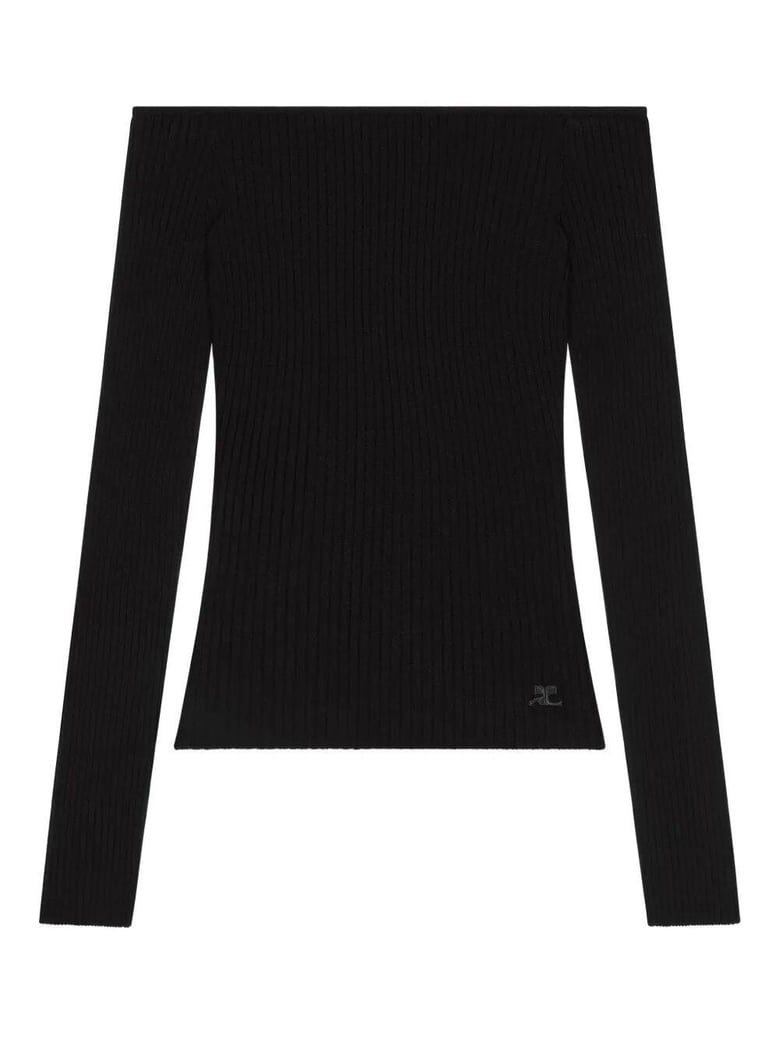 off shoulder rib knit top by Selfnex