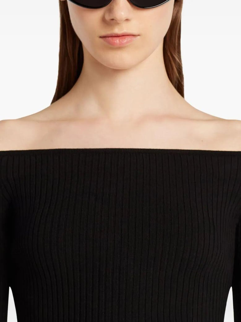 off shoulder rib knit top by Selfnex