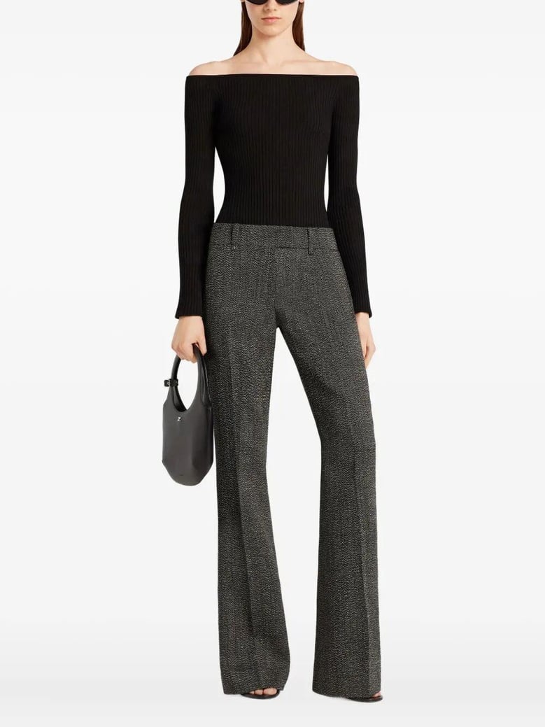 off shoulder rib knit top by Selfnex