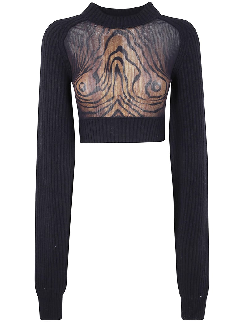 lambswool ribbed long sleeves cropped sweater with printed mesh cut out details by Selfnex