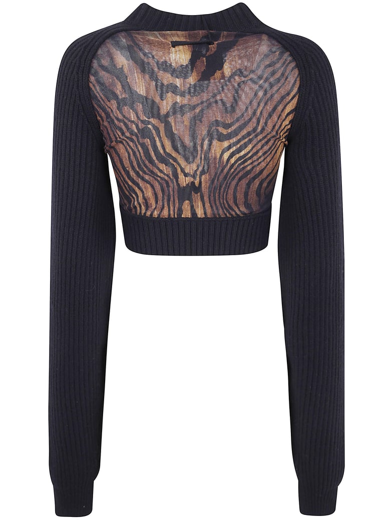 lambswool ribbed long sleeves cropped sweater with printed mesh cut out details by Selfnex