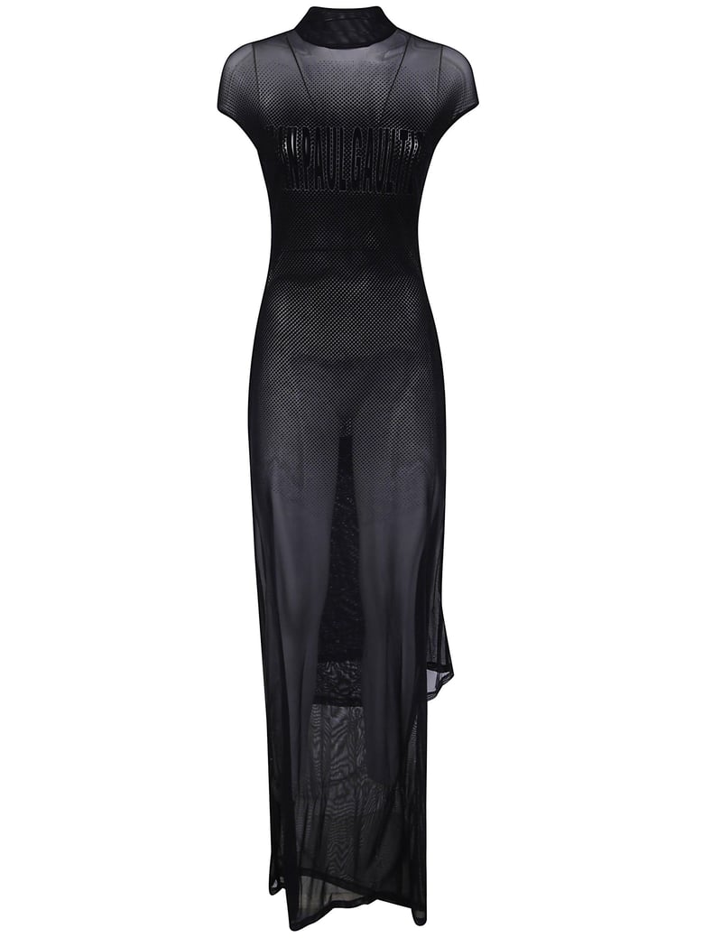 mesh sleeveless long dress with velvet flock by Selfnex