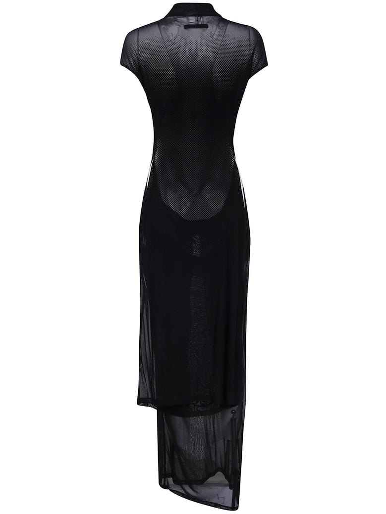 mesh sleeveless long dress with velvet flock by Selfnex