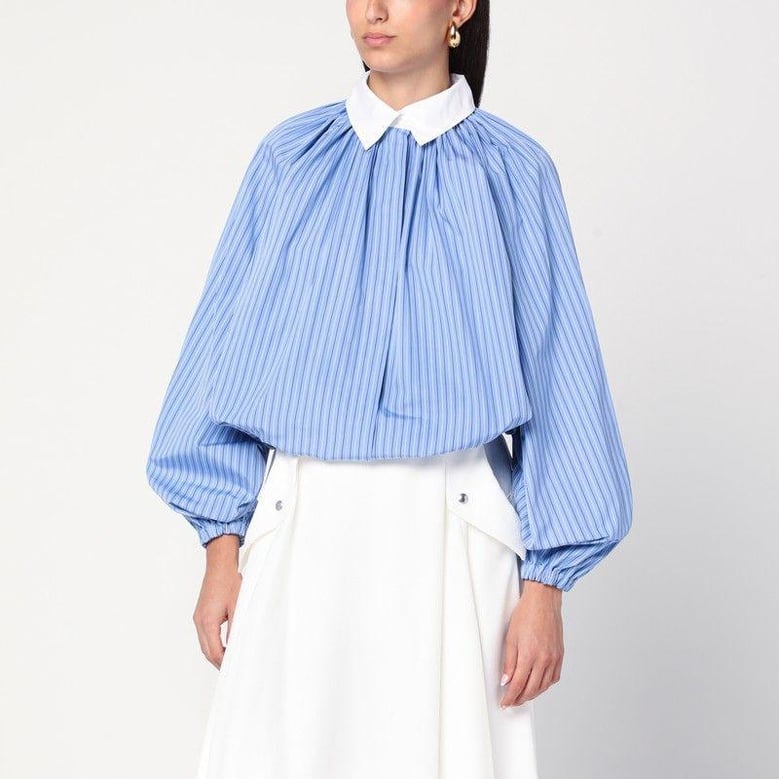 striped balloon-sleeve shirt in light blue by Selfnex