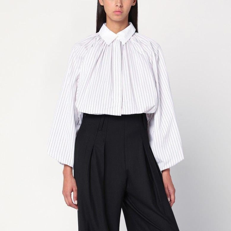 striped balloon-sleeve shirt in white by Selfnex