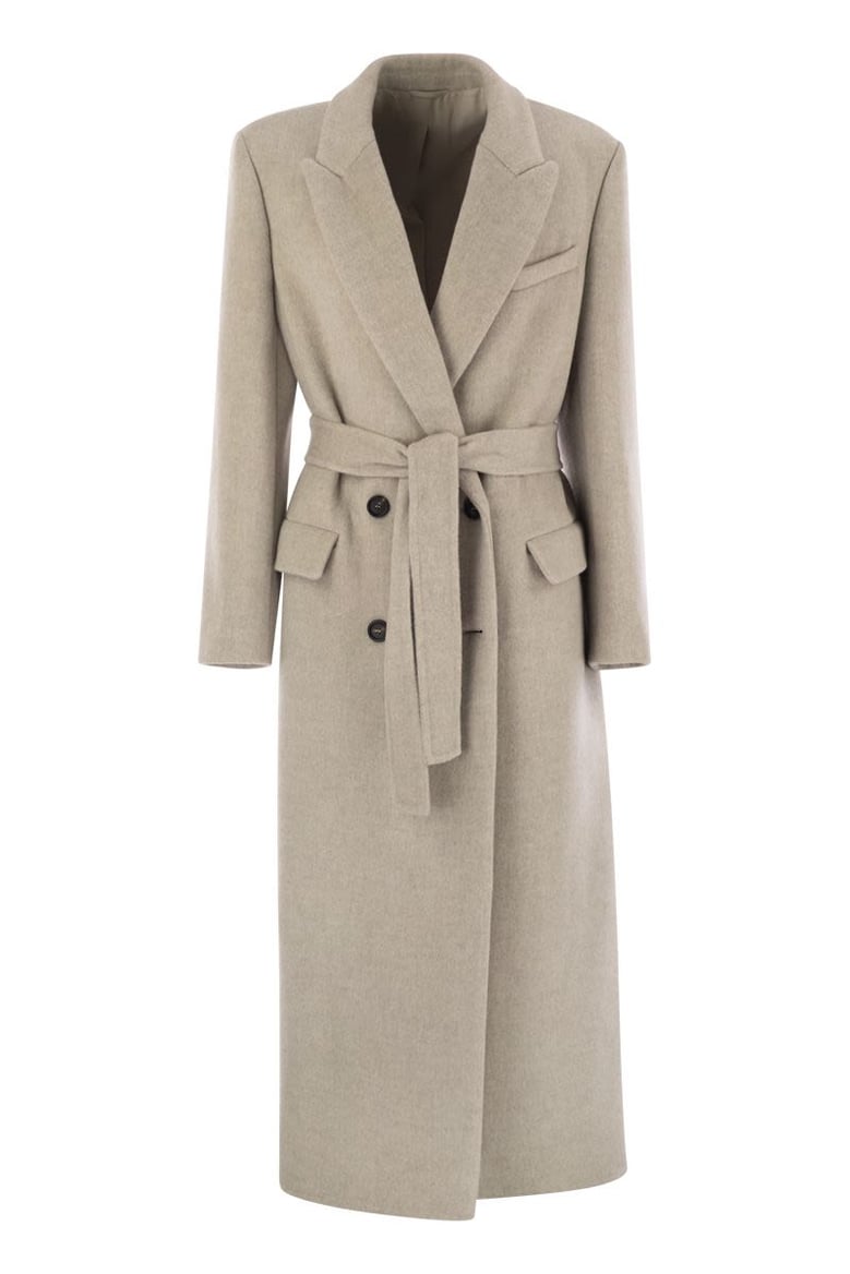 double-breasted coat in virgin wool and cashmere cloth with jewellery by Selfnex