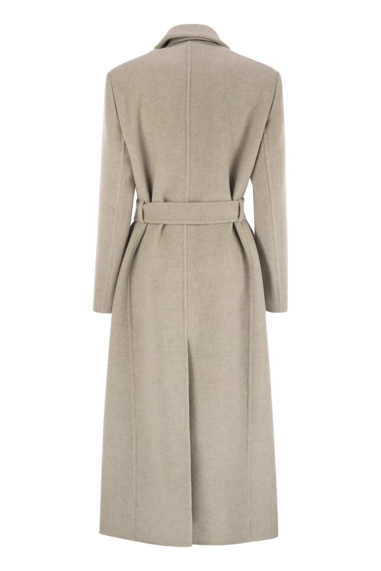 double-breasted coat in virgin wool and cashmere cloth with jewellery by Selfnex