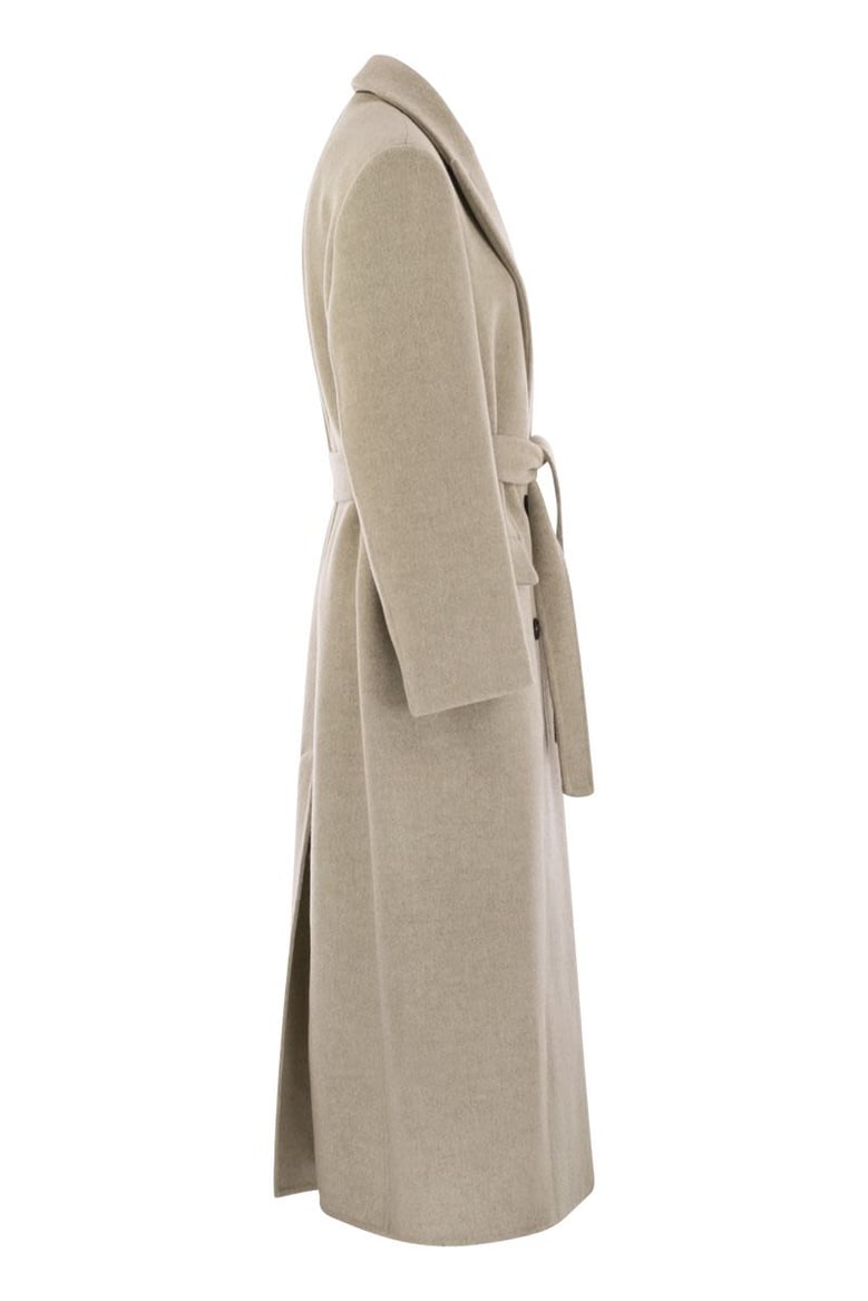double-breasted coat in virgin wool and cashmere cloth with jewellery by Selfnex