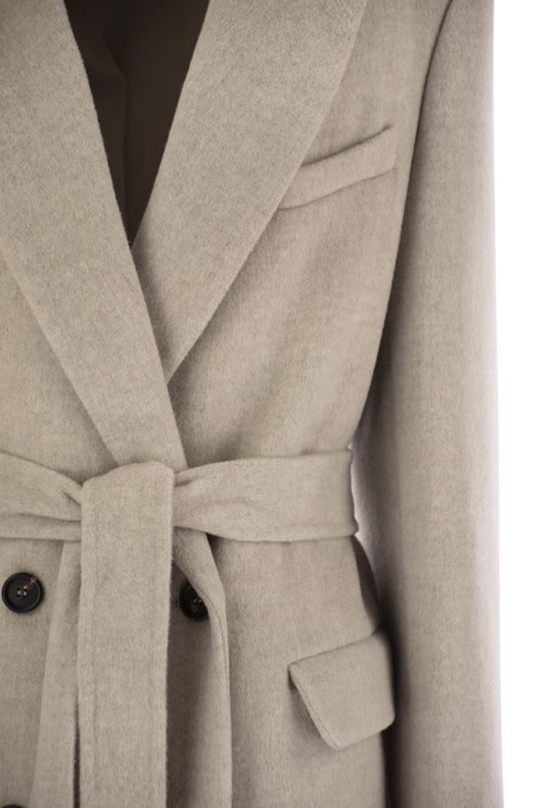 double-breasted coat in virgin wool and cashmere cloth with jewellery by Selfnex