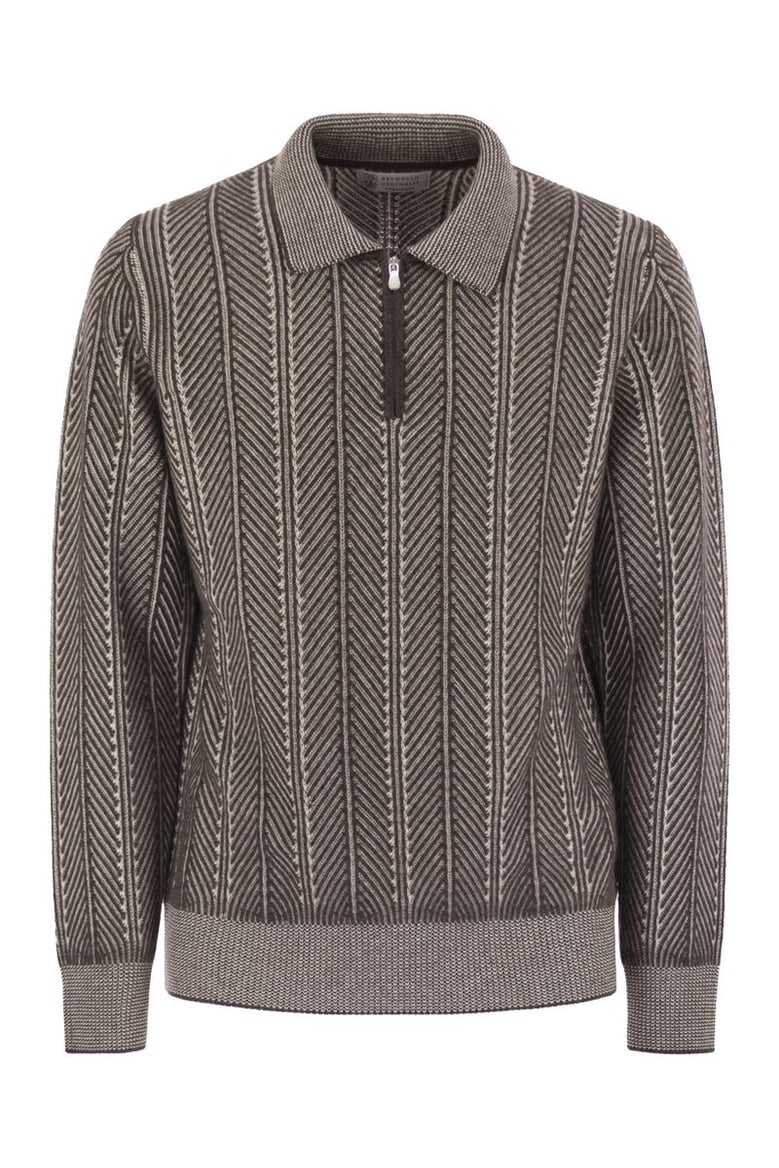 vanisé chevron cashmere sweater with polo neck and zip opening by Selfnex