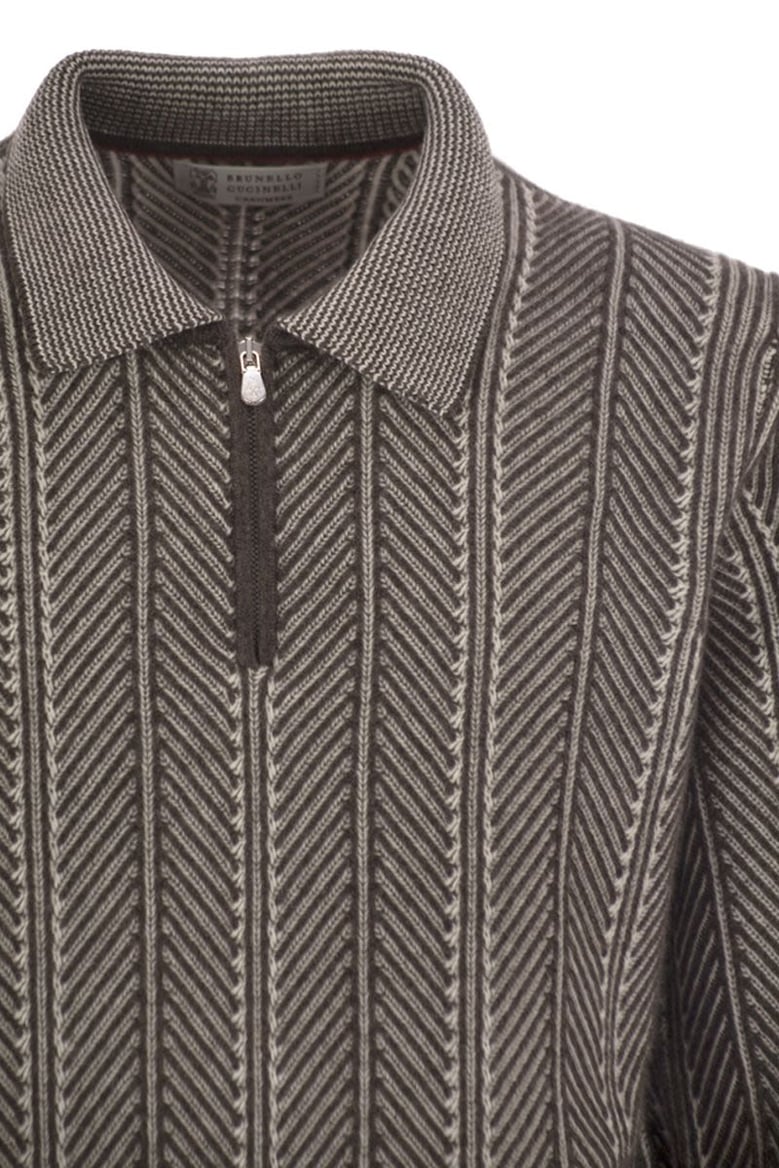 vanisé chevron cashmere sweater with polo neck and zip opening by Selfnex