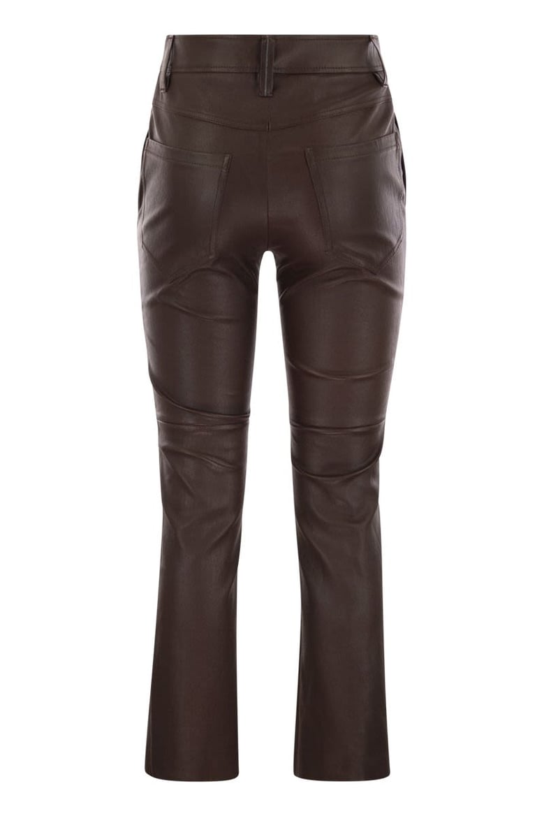 stretch nappa leather square cigarette trousers with jewellery by Selfnex