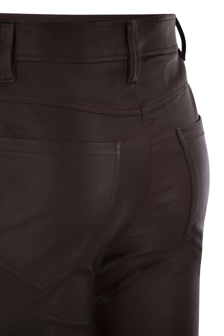 stretch nappa leather square cigarette trousers with jewellery by Selfnex